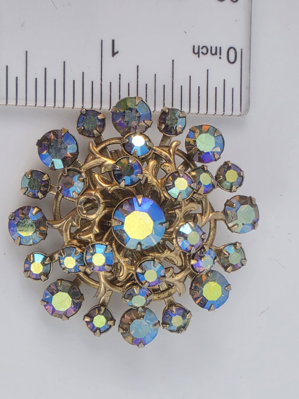 Estate Gold-Tone Aurora Borealis Round Crystal Brooch